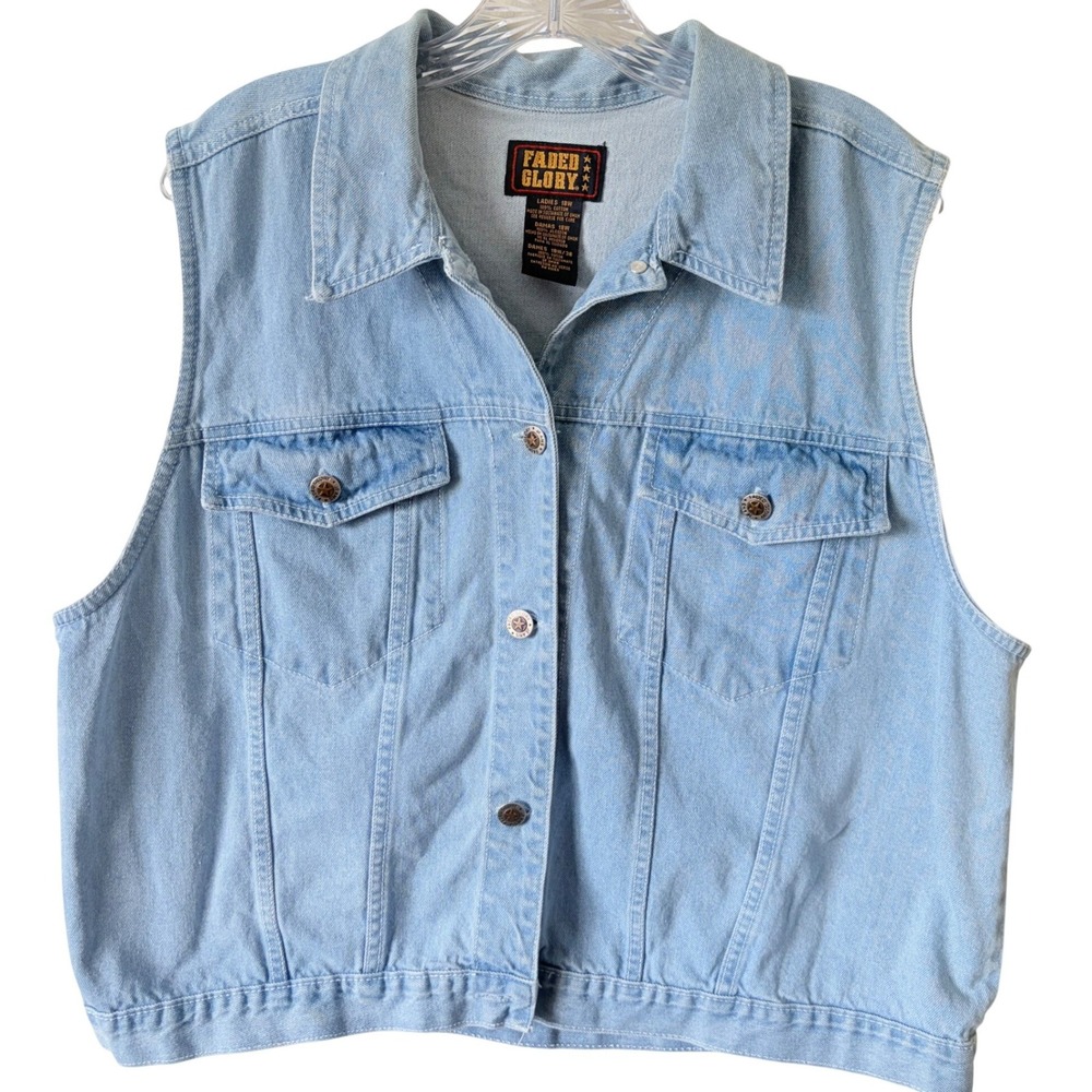 Vintage 90s Faded Glory Light Wash Denim Trucker Vest Plus Size 18W Cropped